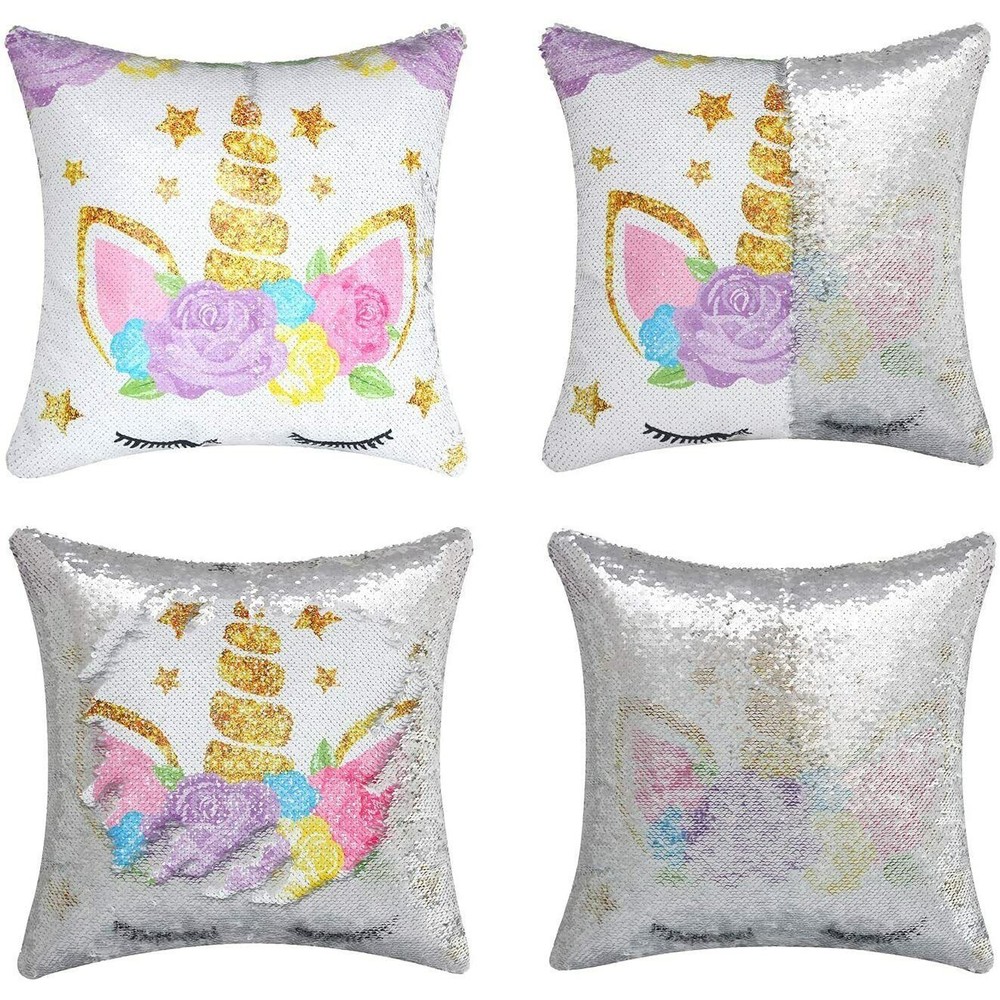 Unicorn Decorative Throw Pillow Cover 16X16 In Magic Reversible Sequin New